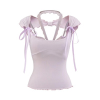 Bowknot Square Neck Hollow Short Sleeve T-Shirt + Lace Halter - Thumbnail 2