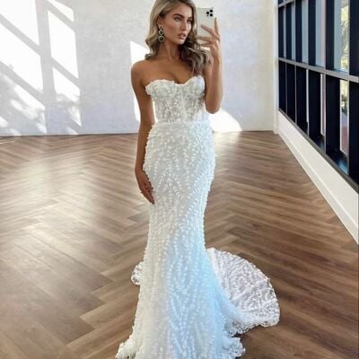Elegant wedding dress, mermaid lace beach boho bridal dress bridal gown - Thumbnail 1