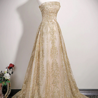 Shiny Tulle Sequins Long Prom Dress, A-Line Strapless Evening Party Dress - Thumbnail 1