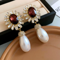  Elegant French Style Flower Inlaid Rhinestone Drop Pearl Necklace & Earring Set - Thumbnail 4