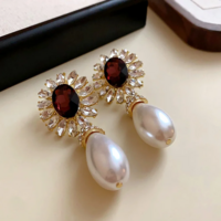  Elegant French Style Flower Inlaid Rhinestone Drop Pearl Necklace & Earring Set - Thumbnail 2