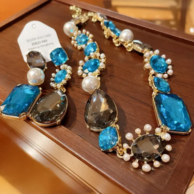 French luxury water drop rhinestone earrings & pearl necklace set