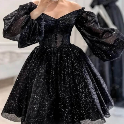 Sparkly short black puffy sleeve prom dress - Thumbnail 1