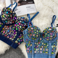Colorful Rhinestone Denim Spaghetti Strap Corset Top - Thumbnail 7