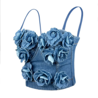 High-End Denim Bustier Crop Top with 3D Flower Appliqués - Thumbnail 1