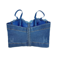 High-End Denim Bustier Crop Top with 3D Flower Appliqués - Thumbnail 4