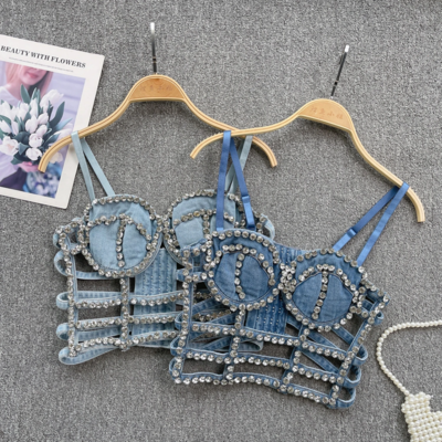 Gothic Kawaii Rhinestone Denim Crop Top