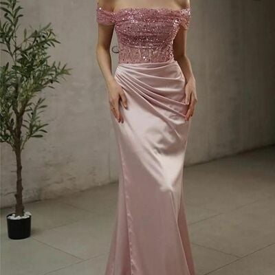 Pink mermaid off the shoulder sequins prom dress evening formal gown