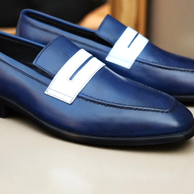 Crafted leather handmade classic blue white leather moccasin loafers dress shoes