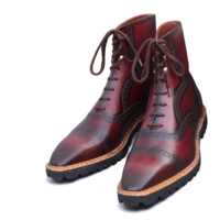 Crafted Leather Handmade Burgundy Leather Ankle High Lace up Boot - Thumbnail 2