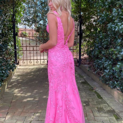 Charming a line v neck pink lace prom dresses  - Thumbnail 1