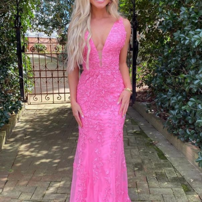Charming a line v neck pink lace prom dresses  - Thumbnail 1