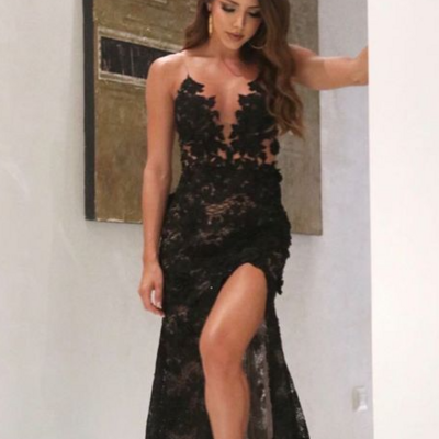 Sexy black lace split formal prom dresses