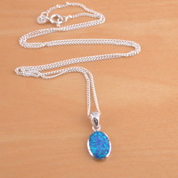 BOXED GIFT/Sterling Silver Blue Opal Oval Pendant & 18" Chain/Blue Opal Necklace/Blue Opal Jewellery/October Birthstone/UK - Thumbnail 2