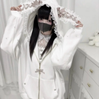 Lace-Up Bow & Pearl Zipper Kawaii Sweet Bunny Ears Hooded Jacket - Thumbnail 2