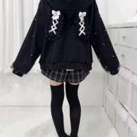 Lace-Up Bow & Pearl Zipper Kawaii Sweet Bunny Ears Hooded Jacket - Thumbnail 4