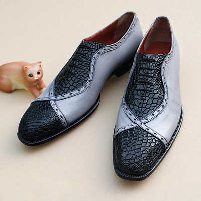 Crafted leather classic gray calf black crocodile leather lace up dress shoes 
