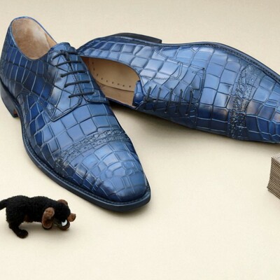 Crafted leather handmade mens blue crocodile/alligator dress shoes 