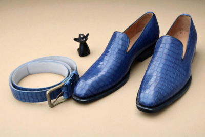 Crafted Leather Elegant and Classic Blue Crocodile Leather Alligator Loafers Dress Shoes with Matching Belt
