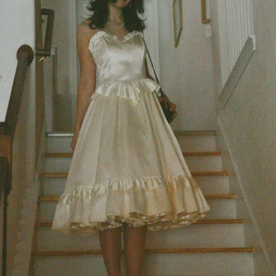 Spaghetti straps ivory a-line tea length formal prom dress - Thumbnail 3