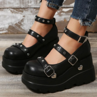 Black Round Toe Studded Gothic Punk Heels - Thumbnail 6
