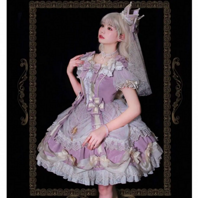 Vintage Kawaii Bubble Sleeve Bow Lace High Waist Dress