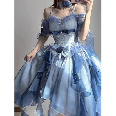 Blue Kawaii Sweet Puffy Party Princess Dress