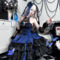 Elegant Black and Blue Gothic Kawaii Vintage Dress - Thumbnail 2