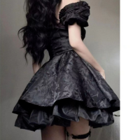 Puff Sleeve Vintage Style BVlack Gothic Dress - Thumbnail 2