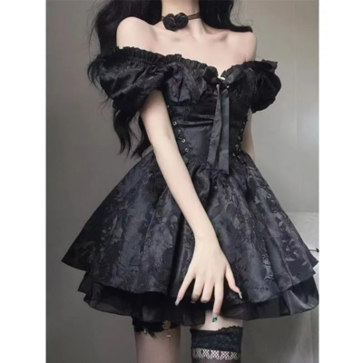 Puff Sleeve Vintage Style BVlack Gothic Dress