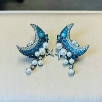 Elegant Celestial Royal Blue Cubic Zirconia & White Pearl Moon Earrings - Thumbnail 3