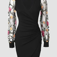 Elegant Floral Embroidered Bodycon Midi Dress with Sheer Mesh Sleeves and V-Neckline - Thumbnail 2
