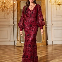 Floral Women's V-Neck Lantern Sleeve Sequin Patchwork Embroidery Slimming Waist Party Evening Gown Dress - Thumbnail 3
