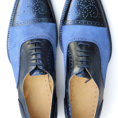 Crafted leather men blue suede black leather oxford dress shoes