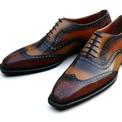Crafted leather multi color leather wingtip oxford dress shoes