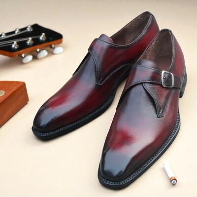 Crafted leather dark burgundy patina leather monk strap dress shoes