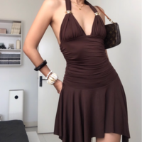 Sexy halterneck sleeveless solid color miniskirt dress - Thumbnail 4