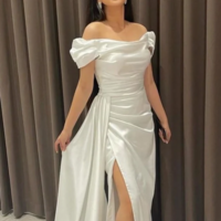 Elegant Off Shoulder Sheath Satin Long Prom Dresses - Thumbnail 6