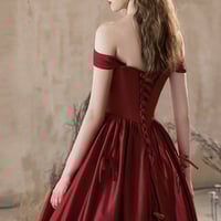 Burgundy Satin Off the Shoulder Long Prom Party Dress - Thumbnail 3