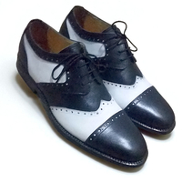 Crafted Leather Men Black White Leather Wingtip Lace up Oxford Dress Shoes - Thumbnail 1