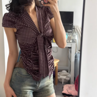 V-neck tie pleated slim shoulder T-shirt polka dot short-sleeved top - Thumbnail 6