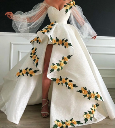 Flare sleeve ball gown embrodiery appliqué prom dress