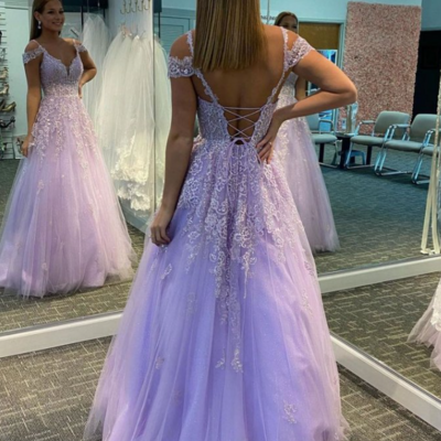 Open back purple tulle long prom dresses with lace appliques for women - Thumbnail 1