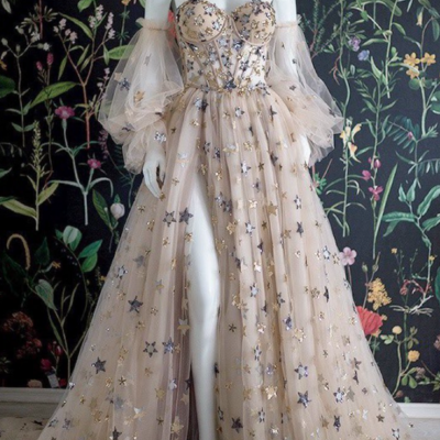 Off the shoulder a line bubble sleeves stars tulle long prom dresses - Thumbnail 1