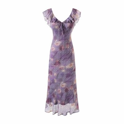 Summer holiday casual purple printed ruffle dress