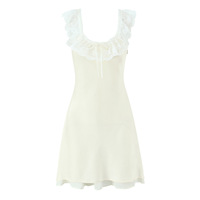 Square neck collarbone exposed ruffled lace patchwork waist dress - Thumbnail 1