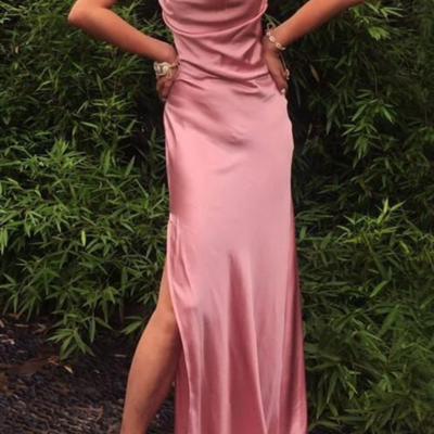 A-line pink straps soft satin long evening dresses