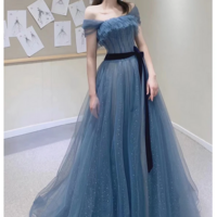 Bluish Grey Off Shoulder Long Evening Dress - Thumbnail 2