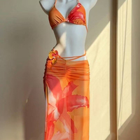 Orange Floral Print Women's Tropical Paradise 3-Piece Swimsuit Set with Sarong Coverup - Thumbnail 1