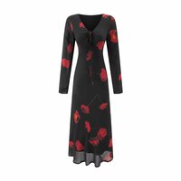 Retro black floral high-end bias-cut long-sleeved V-neck waist dress - Thumbnail 1